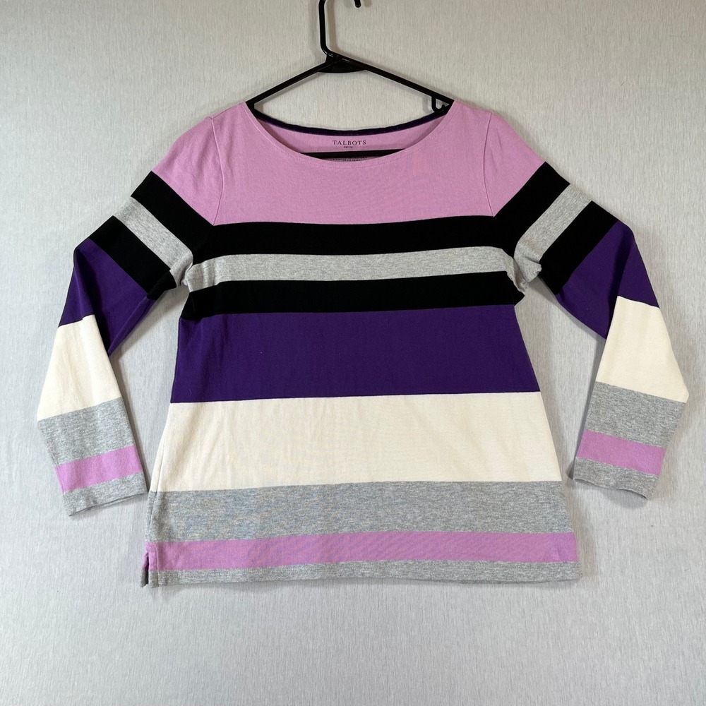 Talbots Petite Top Medium P Striped Cotton Long Sleeve Purple Pink Black Grey